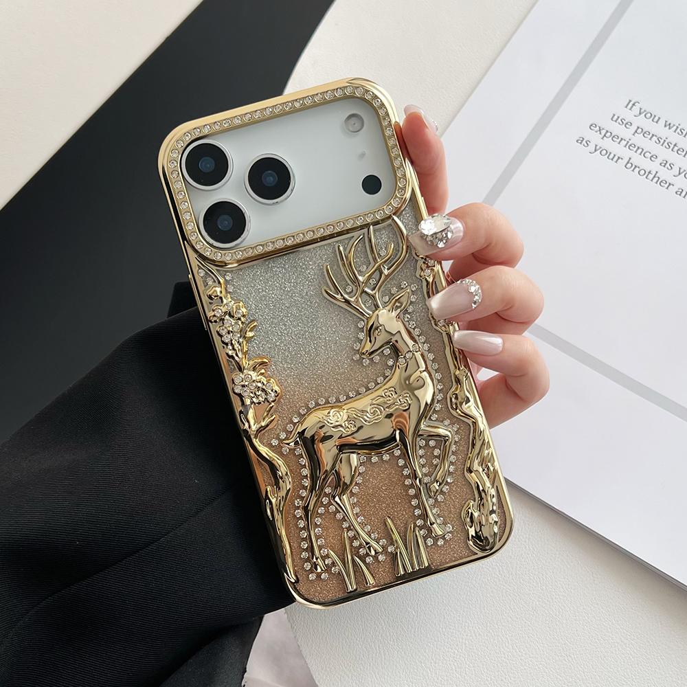 

Christmas Rhinestone Elk Phone Case For iPhone 17 16 15 14 13 Pro Max Electroplated Soft Shockproof Silicone Cover Couple Gifts iPhone Air