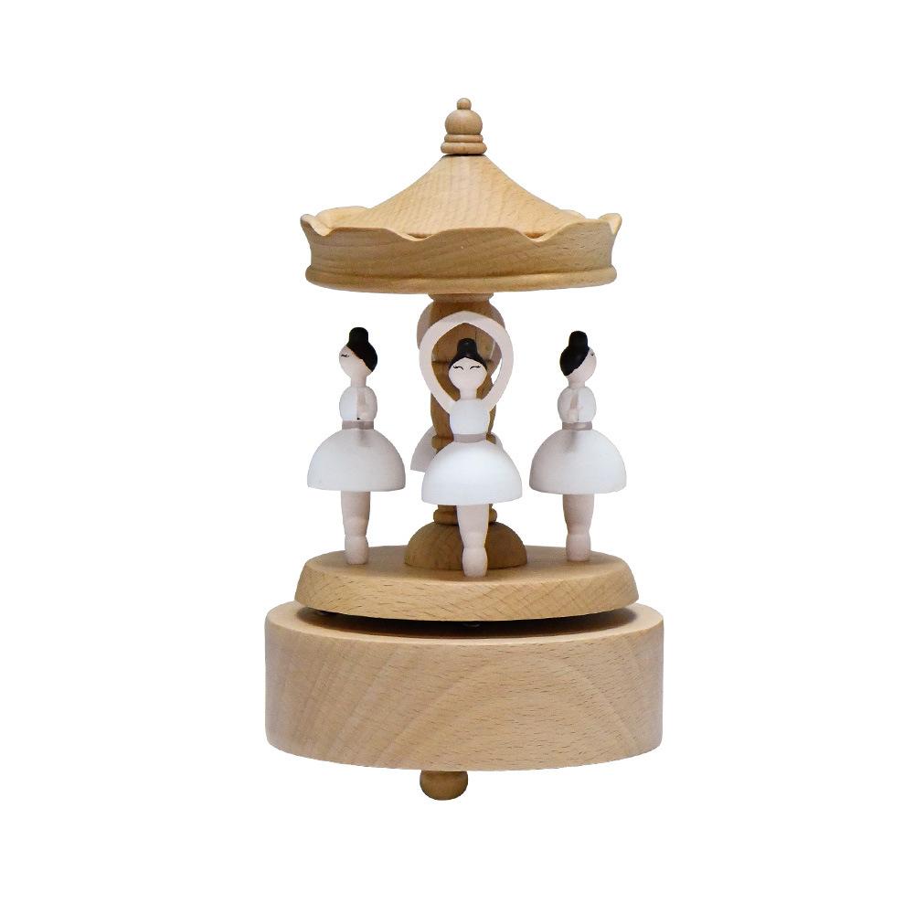 Wooden Carousel Music Box Ornaments Rotatable Hand-cranked Music Box DIY Handmade Birthday Christmas Gift Children’s Toys
