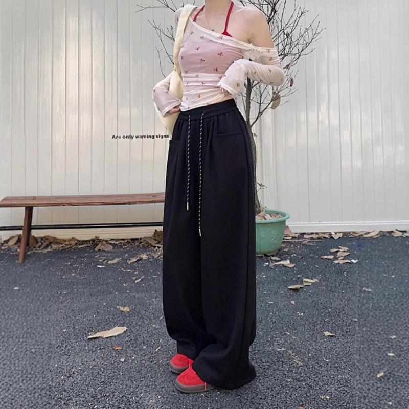 Casual Pants, Women's Stretched-waist Drawstring Wide-leg Pants, Loose and Slimming Pants for Early Autumn, Straight-leg Pants and Flip-flops