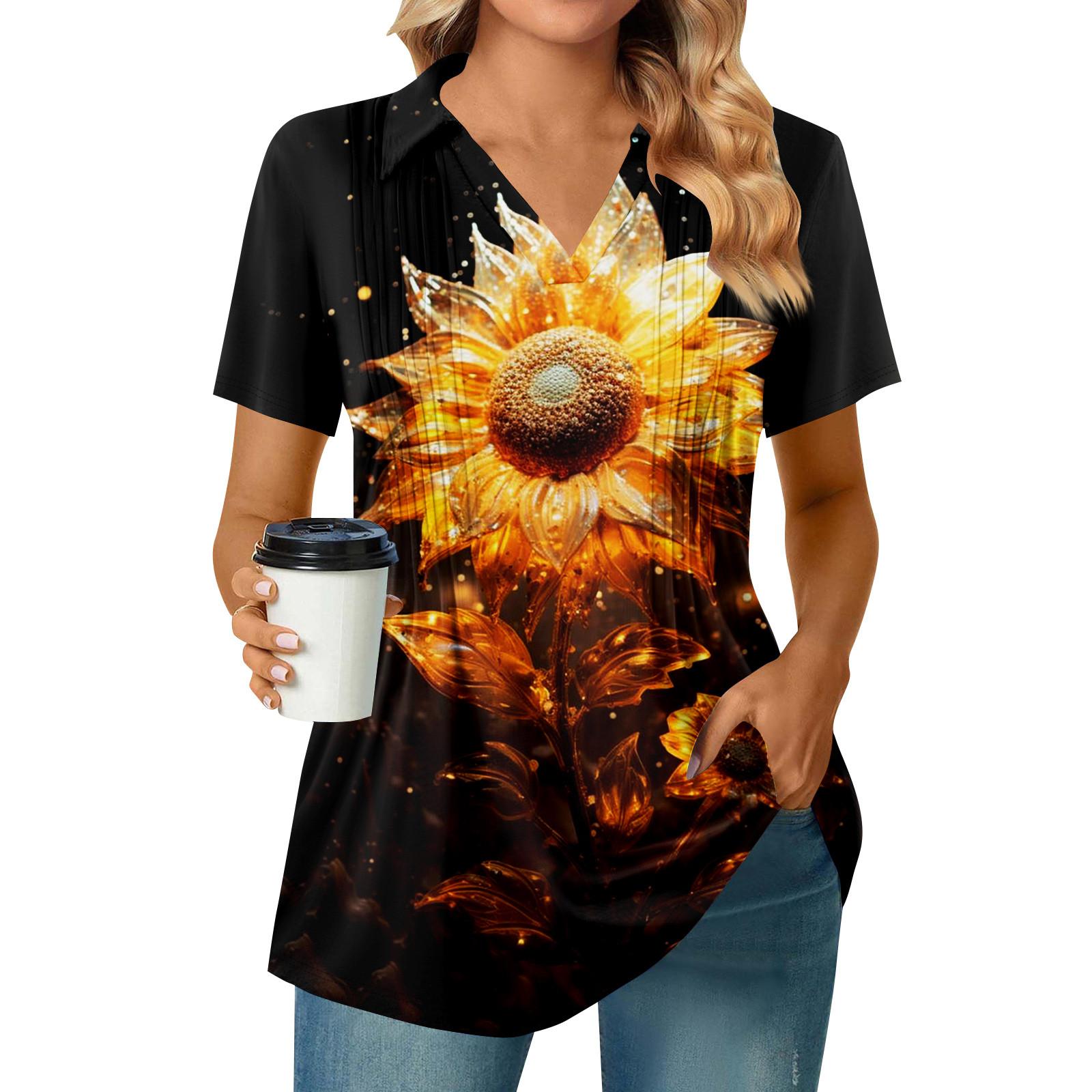 

Женская плиссированная футболка с V-образным вырезом и короткими рукавами с принтом подсолнухов, повседневная деловая рубашка XL жёлтый