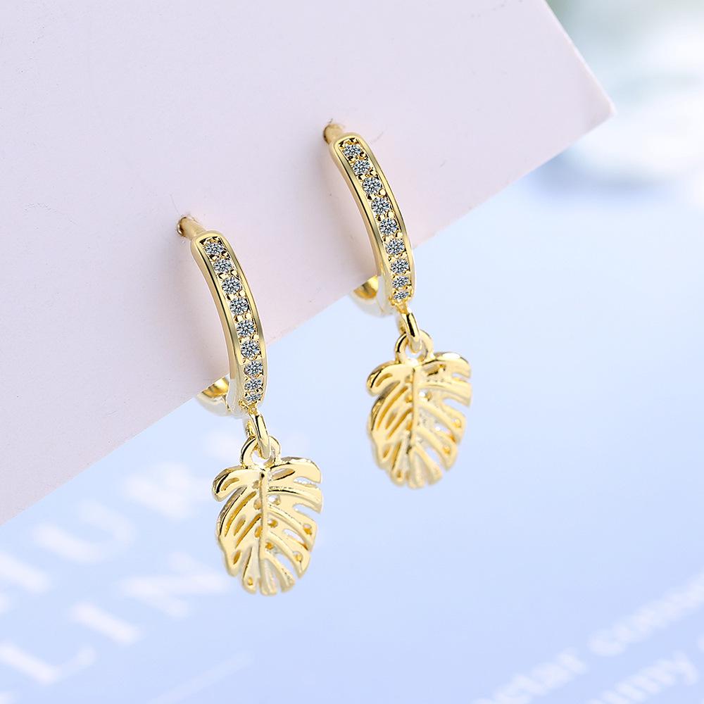 Quality Korean Rhinestone Leaf Hoop Earrings - Zirconia Inlaid Light Luxury