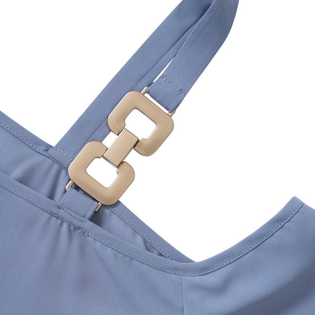 Dámská jarní letní jednobarevná košile s polovičními zvonovými rukávy, volná, s kulatým výstřihem, kovovou přezkou, odhalující jedno rameno, halenky, pulovr top S-XL