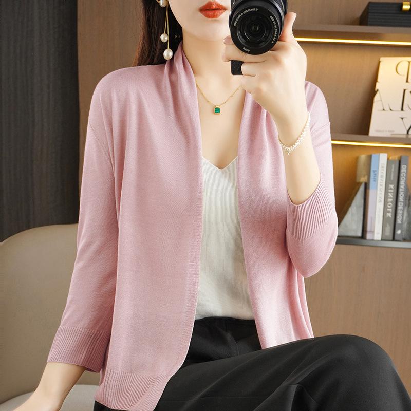 

Летний вязаный кардиган от солнца из ледяного шелка 2025: Однотонная шаль без застежек с тонкими длинными рукавами для защиты от солнца 2XL (70-80kg) розовый