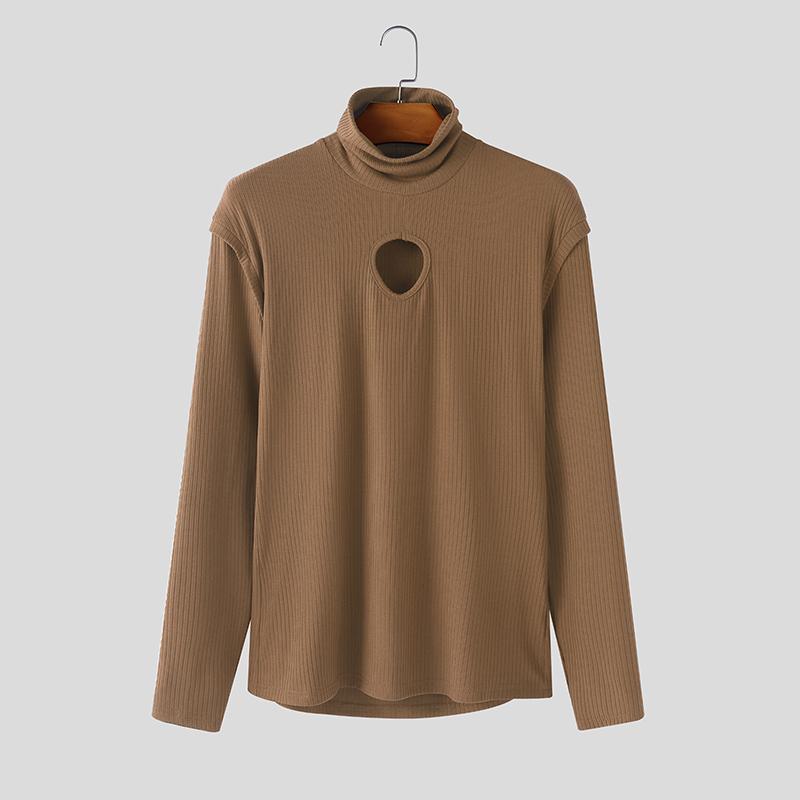 

INCERUN Men Mockneck Long Sleeve Cutout Fitted Casual Undershirts Tops T-shirts 5XL коричневий