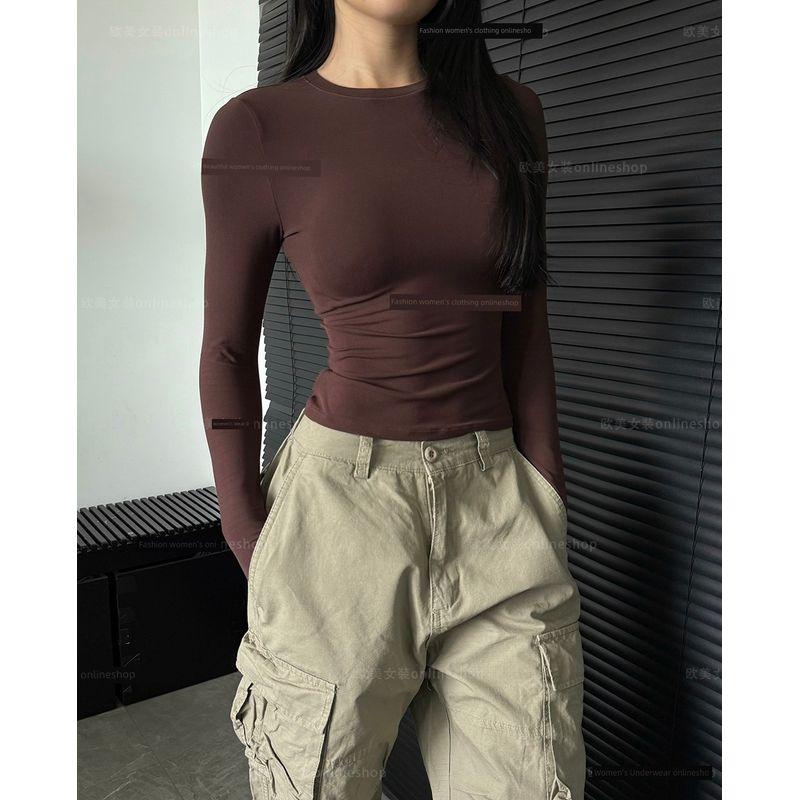 

Absolutely Good to Wear! Slim fit Sports Long sleeve High Elastic Soft Glutinous Yoga Clothes Running Fitness Top Slimming Bottoming Shirt Espresso L