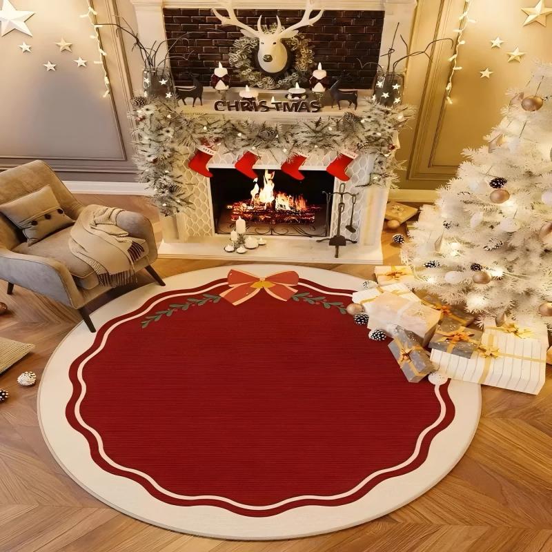 Christmas Round Carpet Living Room Bedroom Mat Festive Red Festive Atmosphere Decorated Christmas Tree Home Decoration