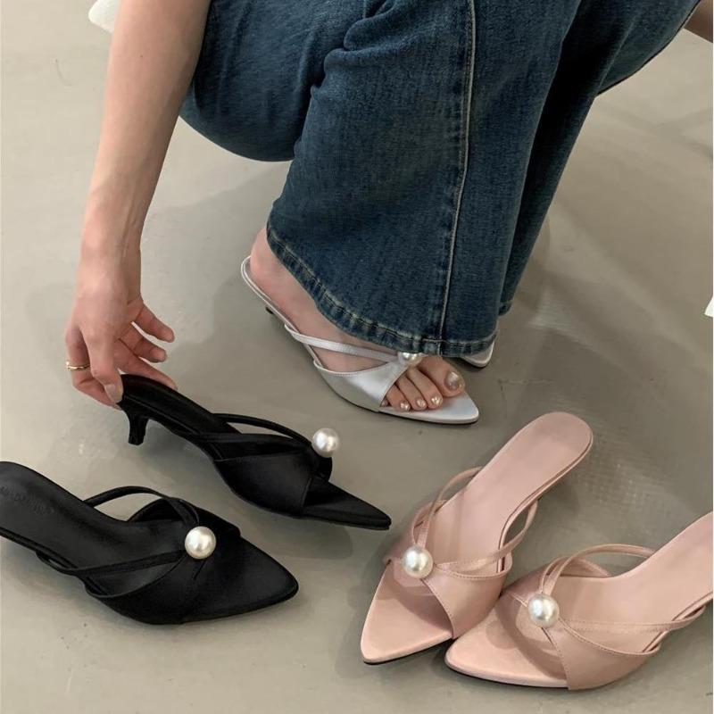 Fashion Elegant Pearl Decor Open-Toe Slippers Fashion Women Slippers Summer 2025 Outwear Pointed Toe Thin Heel Sandals Zapatos De Mujer