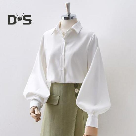Women Shirt Lapel Lantern Long Sleeve Single Breasted Shirt Tops Solid Color Loose Fit Work Casual Daily Tops