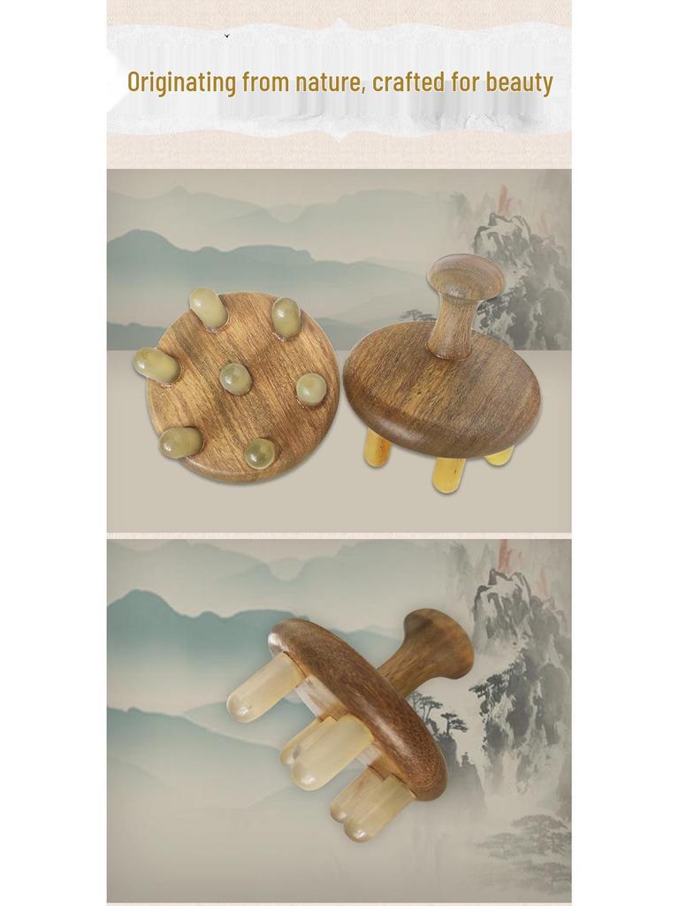 Natural Green Sandalwood & Ox Horn Massage Comb - Meridian Therapy Scalp Comb with Seven Stars Design