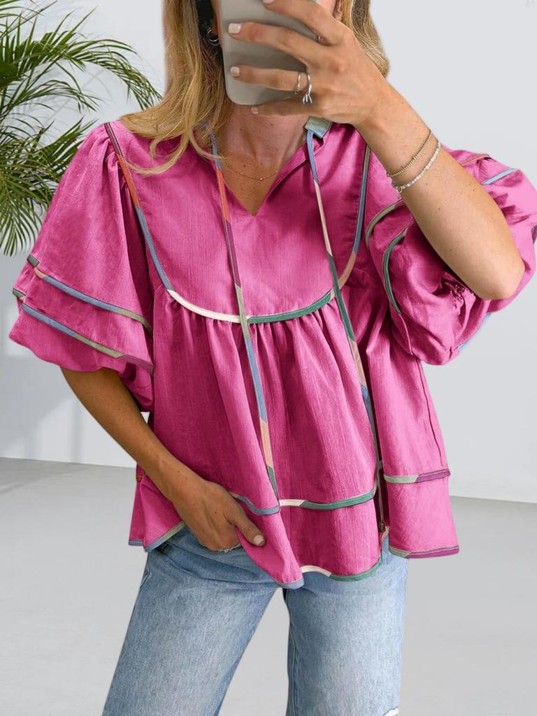 Women's Babydoll V Neck Blouse Short Lantern Sleeve Loose Peplum Flowy Top
