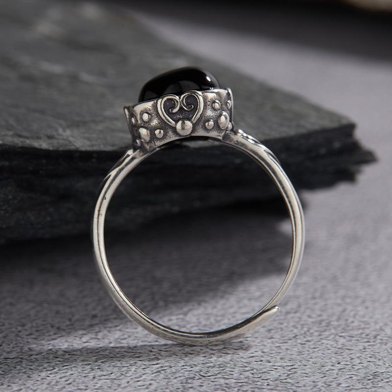 Orecchini in Argento Sterling S925 Anello Amore in Agata Nera Naturale Anello Aperto per Dito Indice Donna Personalità di Nicchia Argento Thailandese Retrò