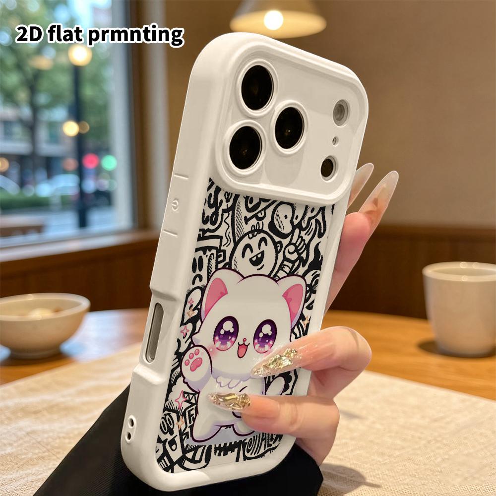 Phone Case: 2D Flat Design for iPhone 13/14/15/16/17/18 Pro, Stepped Protective Case, Waving Little White Cat, Christmas and Halloween Gift