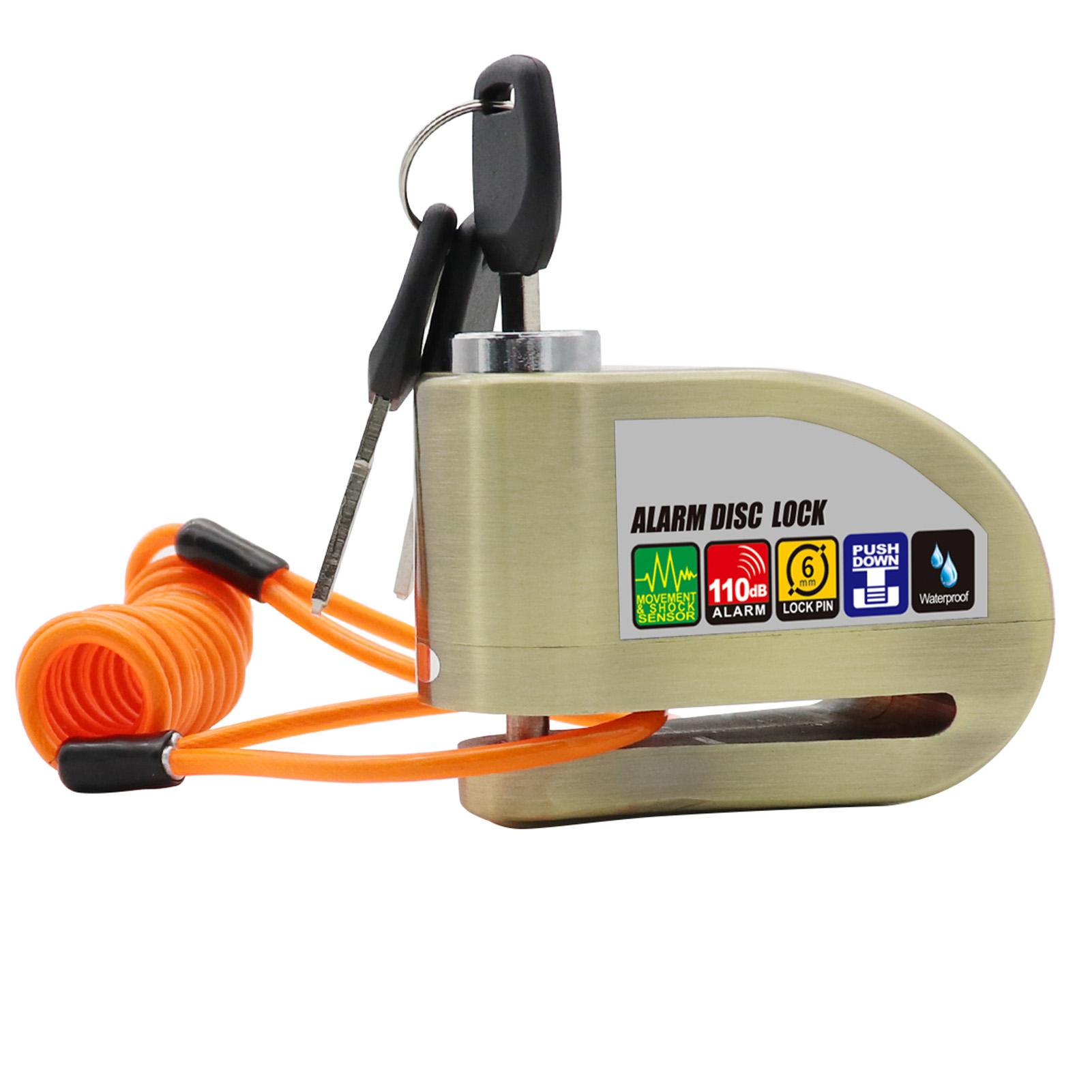 

Сигнализация с блокировкой дискового тормоза, блокировка дискового тормоза колеса, водонепроницаемость до 110 дБ, звуковая сигнализация, защита от кражи, шок