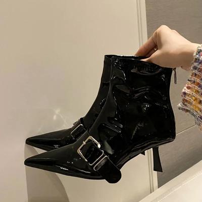 Fashion Eilyken Design Sexy Pointed Toe Belt Buckle Women Ankle Boots Thin Heels Patent Leather Autumn Zipper Party Shoes