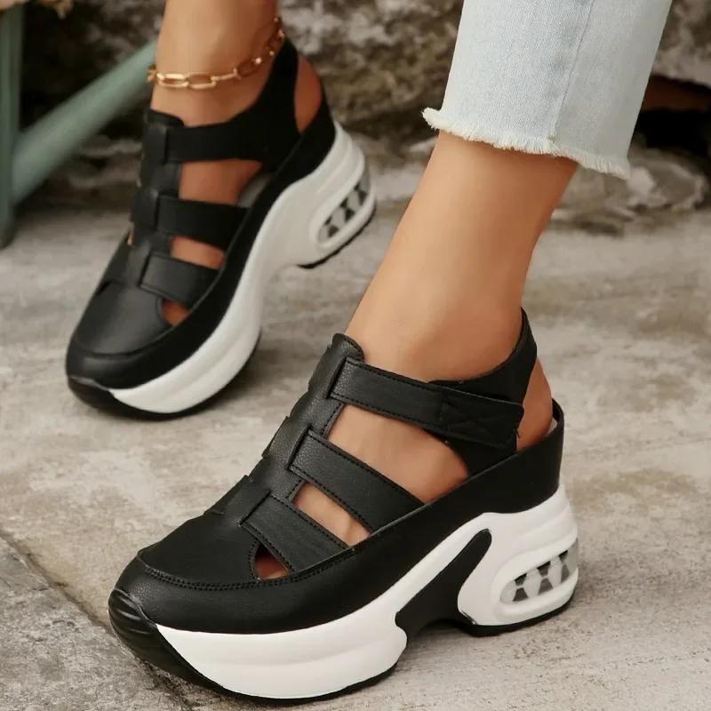 2025 Summer New Closed Toe Women's Sandals Platform Outdoor Hollow Wedges Round Toe Sandal Plus Size Comfortable Casual Sneakers