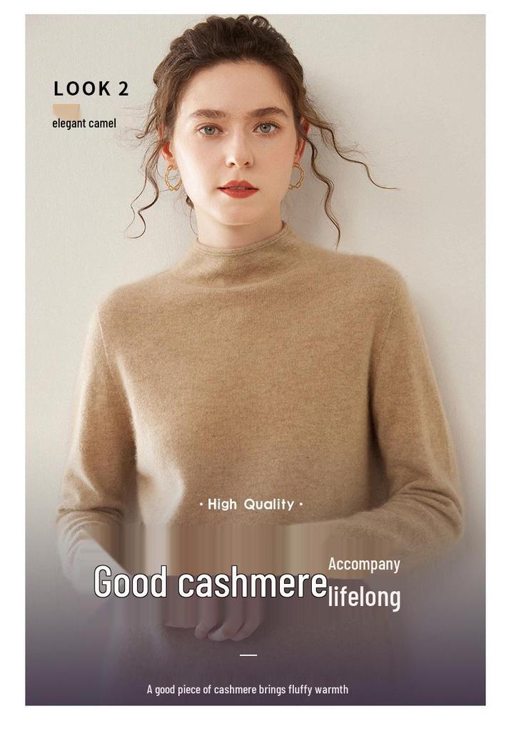 2025 Women's Autumn-Winter Pure Cashmere Half-High Neck Loose Knit Sweater Pullover