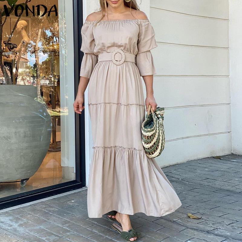 Buy VONDA Summer Women's Fashion Off Shoulder Holiday Maxi Dress 3/4 Sleeves  Solid Color Pleated Party Evening Loose Long Dresses Plus Size Kleid at  affordable prices  free shipping, real reviews with