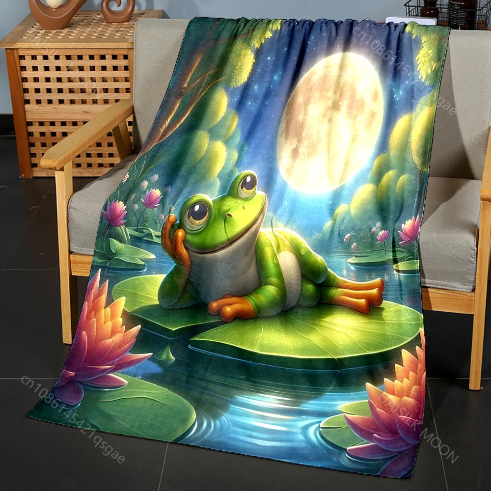 Frosch auf Seerosenblatt Muster Decke, Mehrere Größen, Flanell Material, Weich und Warm für Alle Jahreszeiten, Zuhause, Outdoor, Camping, Picknicks, Wohnmobil