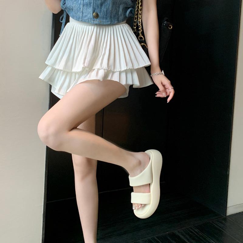 Whole sheepskin~ Thick bottom heightening leather bread casual muffin one-word slippers, summer women's beach cool slippers