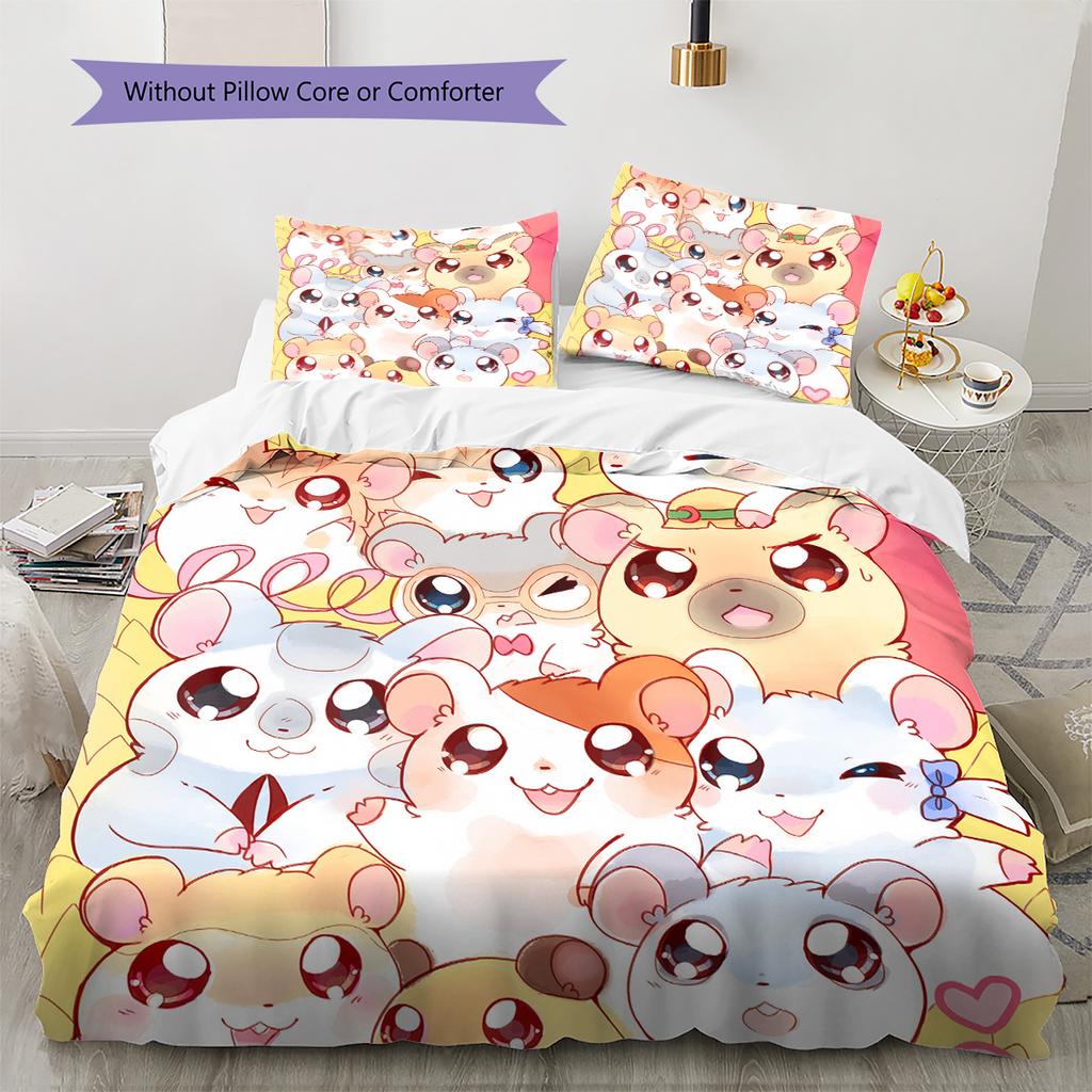 Hamtaro Muster Bettwäsche Bettdecke Set Heimdekoration Geschenk (1 Bettbezug + 2 Kissenbezüge (ohne Füllung))
