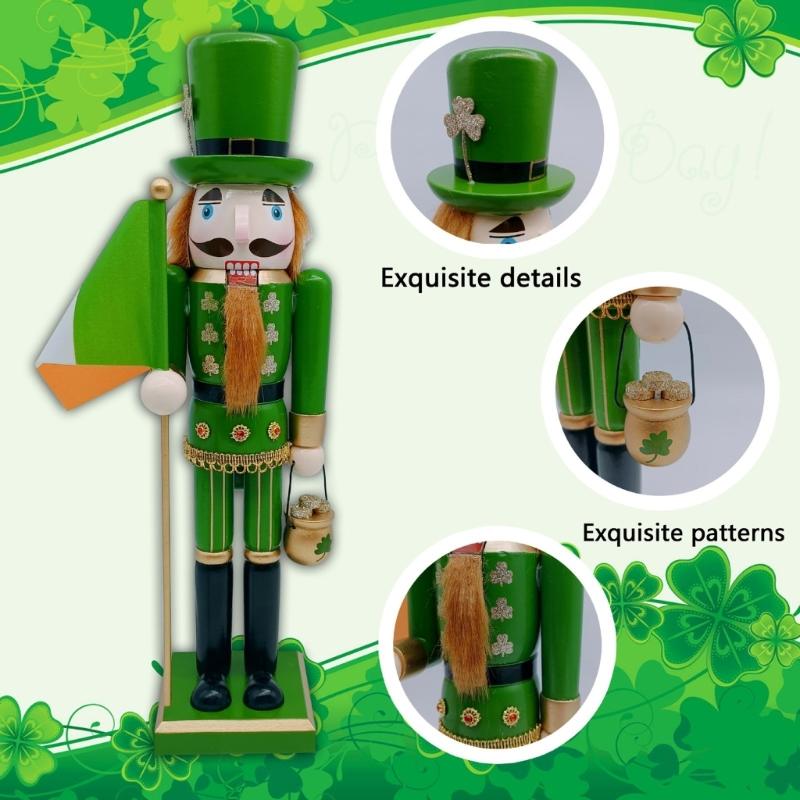 Traditional 38cm Wood Irish Nutcrackers Green Shamrock Soldier Figurines Patricks Day Puppet Home Office Tabletop Decors