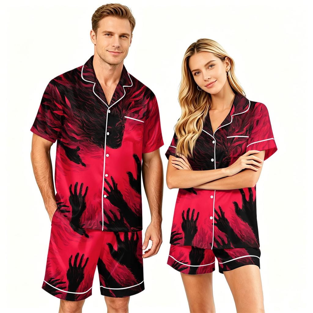 Couple Matching Halloween Pajama Set Short Sleeve Button Down Shirt with Hem and Shorts Soft Casual Sleepwear S-XXXXL