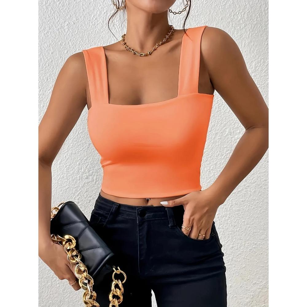 Čtvercový výstřih Tílko Široká ramínka Crop Tops Ženy Léto Košilka Jednobarevná Košilka Módní tubus Dámská zkrácená vesta bez rukávů Y2K Oblečení