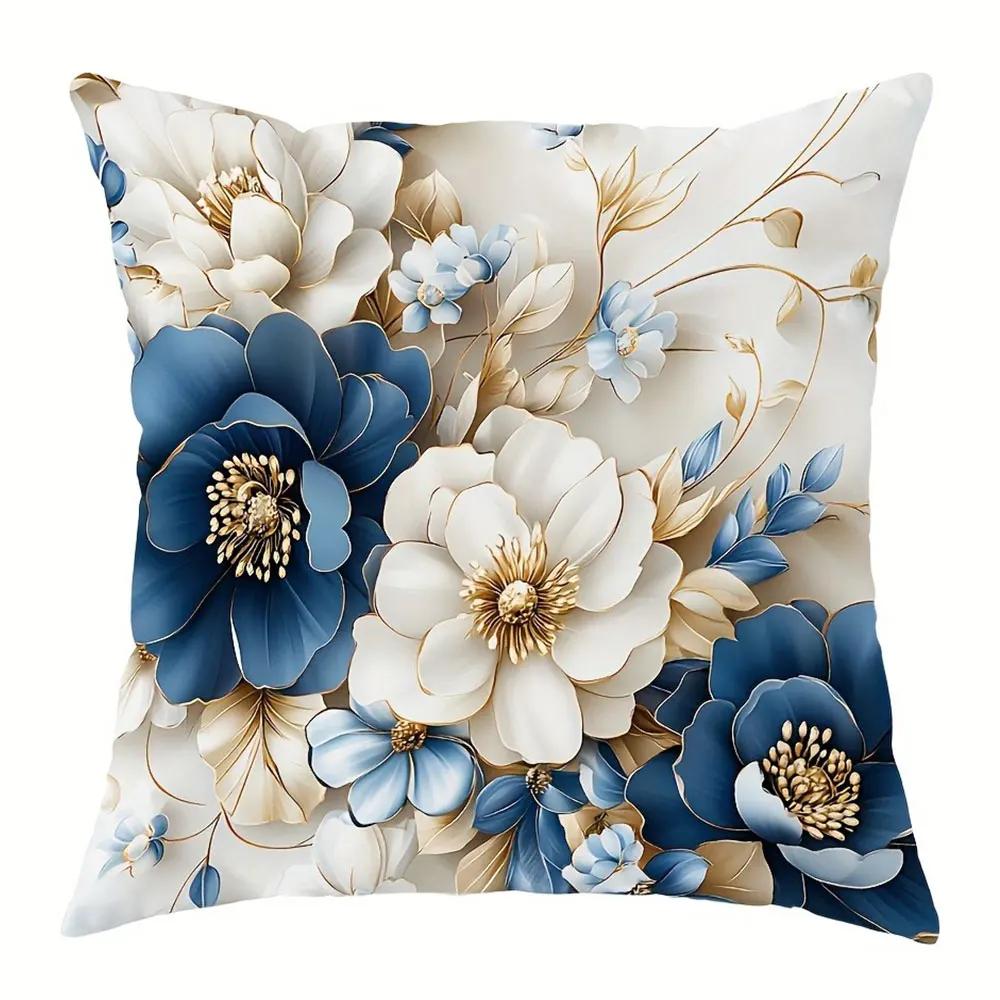 Modrý a Bílý Zlacený Květinový Vzor Domácí Dekorace Povlak na Polštář Obývací Pokoj Pohovka Polyesterový Povlak na Polštář se Zipem