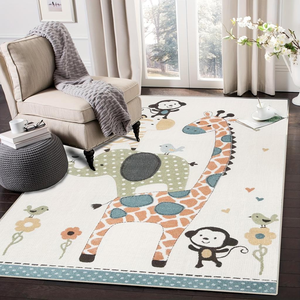 Durable Washable Giraffe Pattern Area Mat Anti-Slip for Living Room or Bedroom Decor Playful Animal Elephant Zebra Monkey Shape