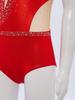 Girls Figure Skating Bodysuit Short Sleeve Cutout Back Sheer Mesh Patchwork Shiny Rhinestones Metallic Dancewear