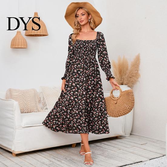 Women Dress Long Sleeves Flower Print A-line Square Neck Midi Casual Elastic Bust Backless Patchwork Hem Pleated Spring Fall Chiffon Outfit