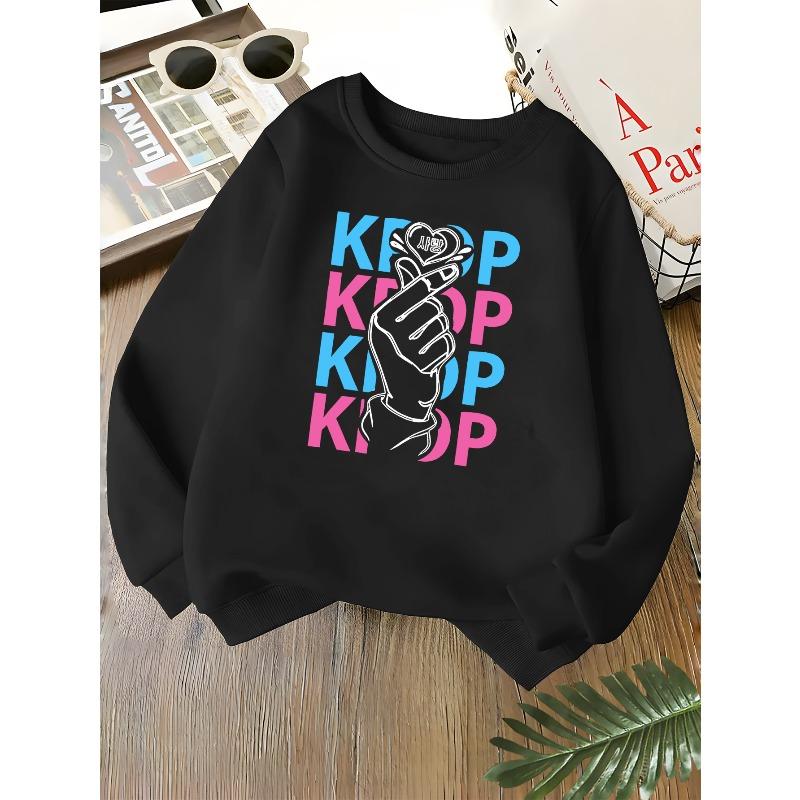 Kids Unisex Crewneck Sweatshirt, Kpop Finger Heart Sarang Korean Letter Repeat Print Soft Fleece Long Sleeve Pullover For Boys Girls Over 4 Years Old