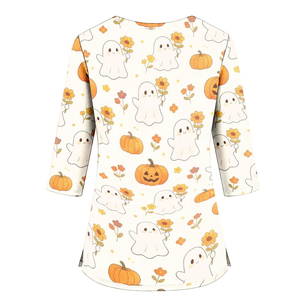 Women's Halloween Print V-Neck Uniform Top with Pockets and Side Slits, Three-Quarter Sleeve Casual Scrub