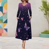 Women Plus Size V Neck Long Sleeve Purple Butterfly Print A Line Midi Dress With Pockets