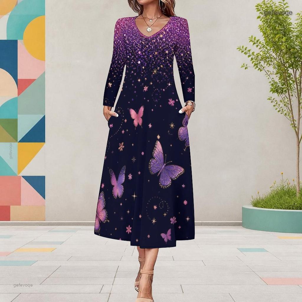 Women Plus Size V Neck Long Sleeve Purple Butterfly Print A Line Midi Dress With Pockets
