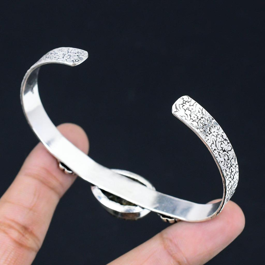 Natural Turritella Agate Gemstone Bangle Adjustable 925 Sterling Silver Jewelry