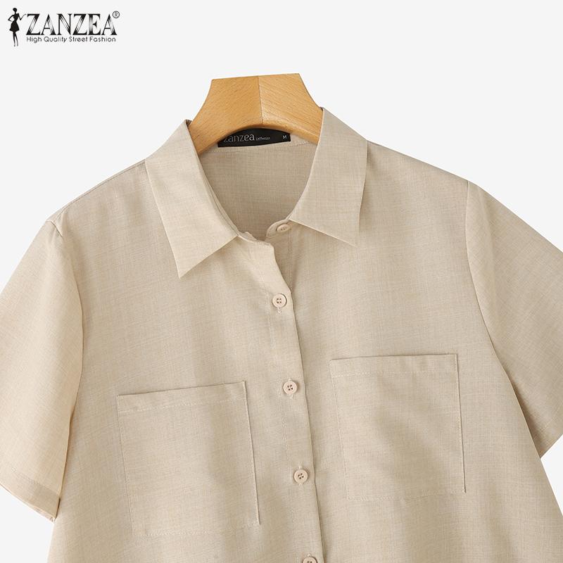 ZANZEA Women Summer Turn Down Collar Short Sleeve Casual Blouse