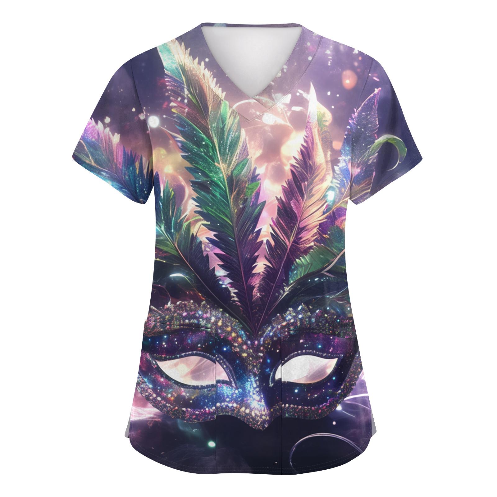 

Женская модная блузка с коротким рукавом, принтом карнавала, V-образным вырезом и карманом, рабочая XXXL