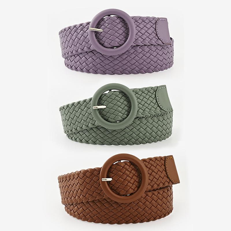 Ladies Bag Buckle Round Buckle Belt Woven Pu Belt Women'S Candy Color Decorative Women'S Wide Belt
