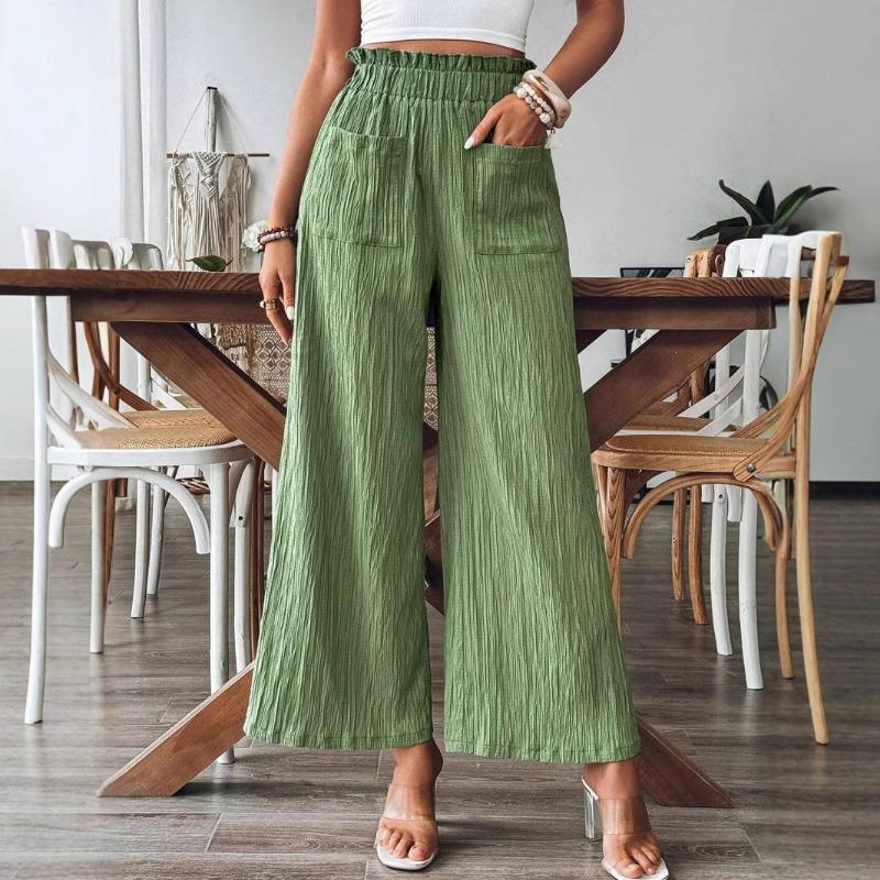green beige black elastic waist textured wide leg pants with pockets for women
