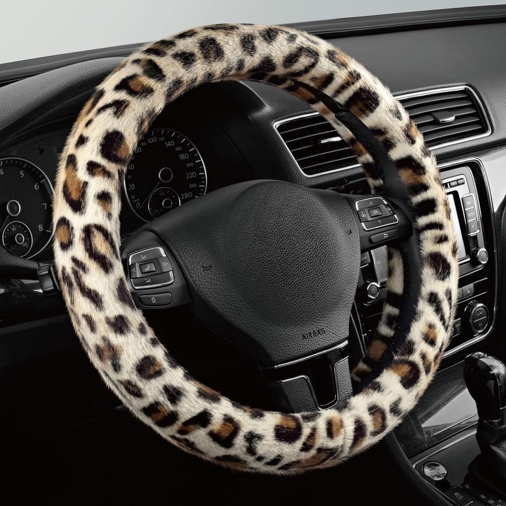 Road Comforts Leopard Plush Steering Wheel Cover For Winter, Made With Flurry Microfiber, Universal Fit 14 1/2 To 15 Inches, Soft Fuzzy Warm For