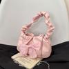French Sweet Bow Pleated Strap Shoulder Bags for Women Versatile Ladies Chain Crossbody Bag Solid Color Female Pu Handbag Purse
