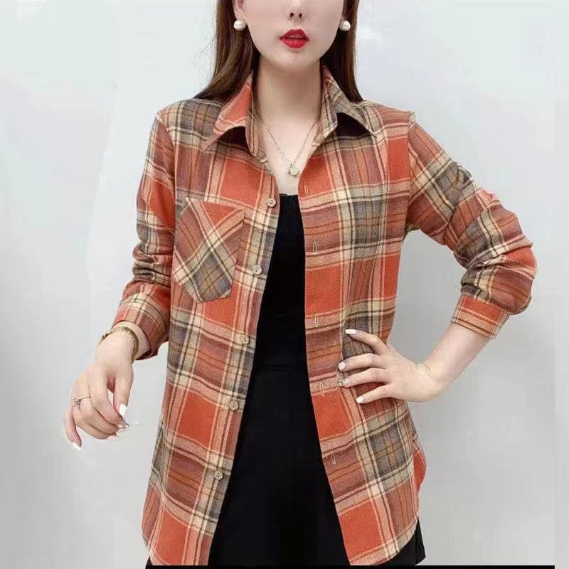 Spring Autumn Elegant Fashion Harajuku Plaid Tops Women Loose Casual All Match Lady Shirt Polo Button Long Sleeve Blusa