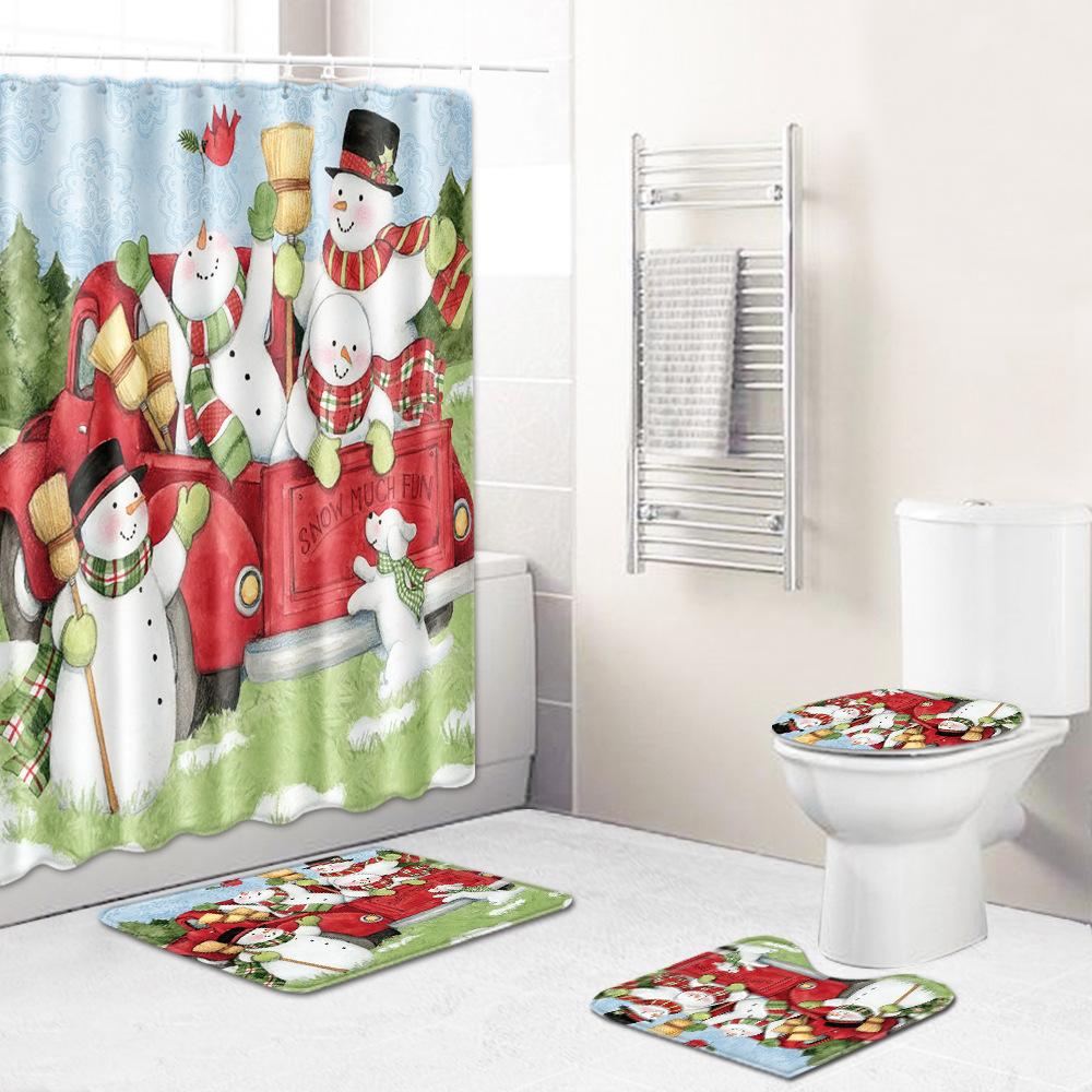 Christmas Shower Curtain Floor Mat Combination Four-Piece Set Bathroom Toilet Carpet Shower Room Mat Foot Mat