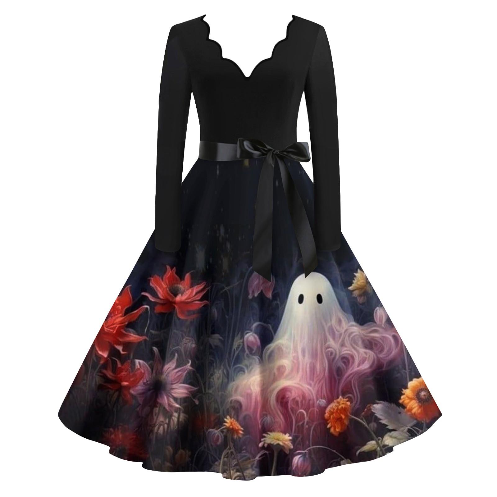 

Жіночі повсякденні модні старовинні довгі сукні з довгими рукавами на Хелловін із графічним принтом S червоний