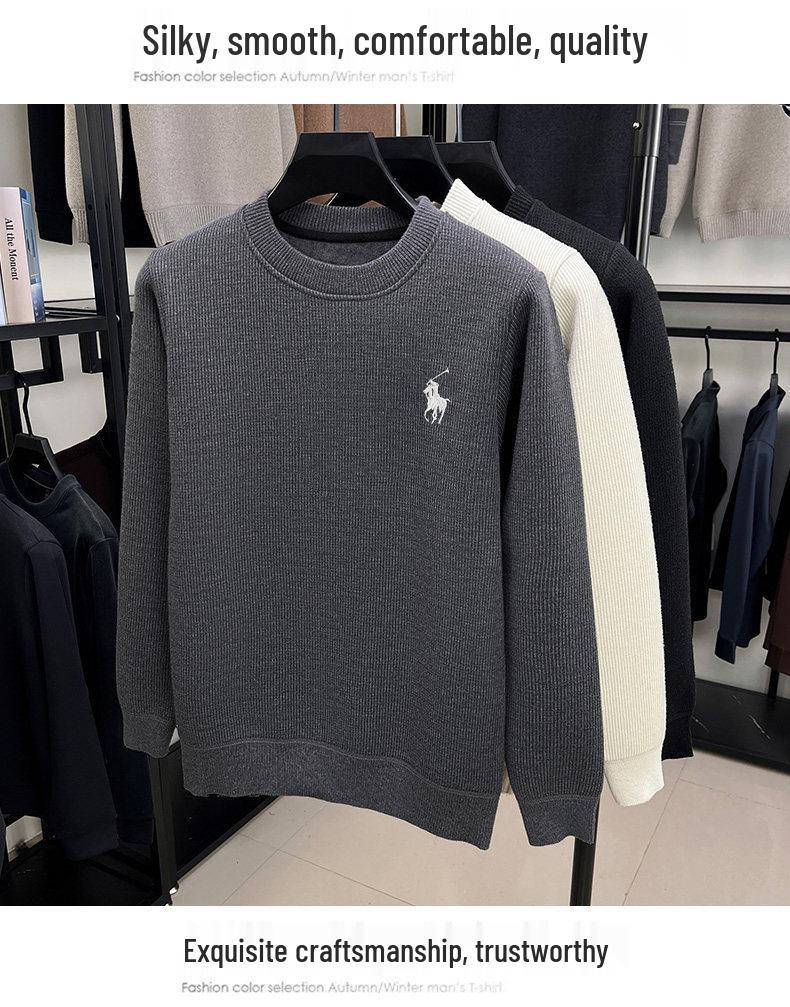 2025 Winter Herren Koreanischer Samt Dicke Kapuzenpullover - Rundhalsausschnitt, Bestickt, Warm, Lässiger Einfarbiger Basislayer