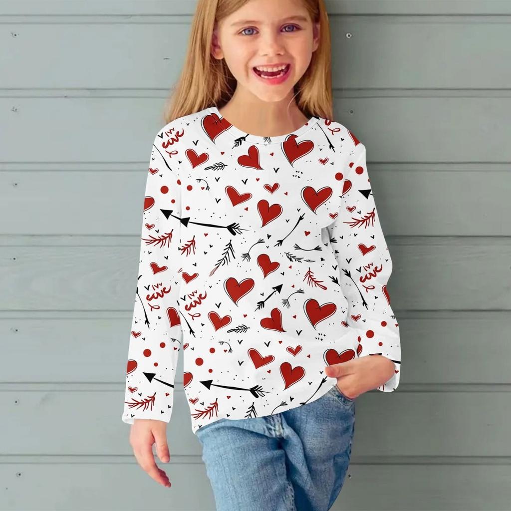 Fashion Children Casual Long Sleeved Letter Heart Pattern 3D Print Tops Funny Style Comfortable Round Neck Pullover Clothing