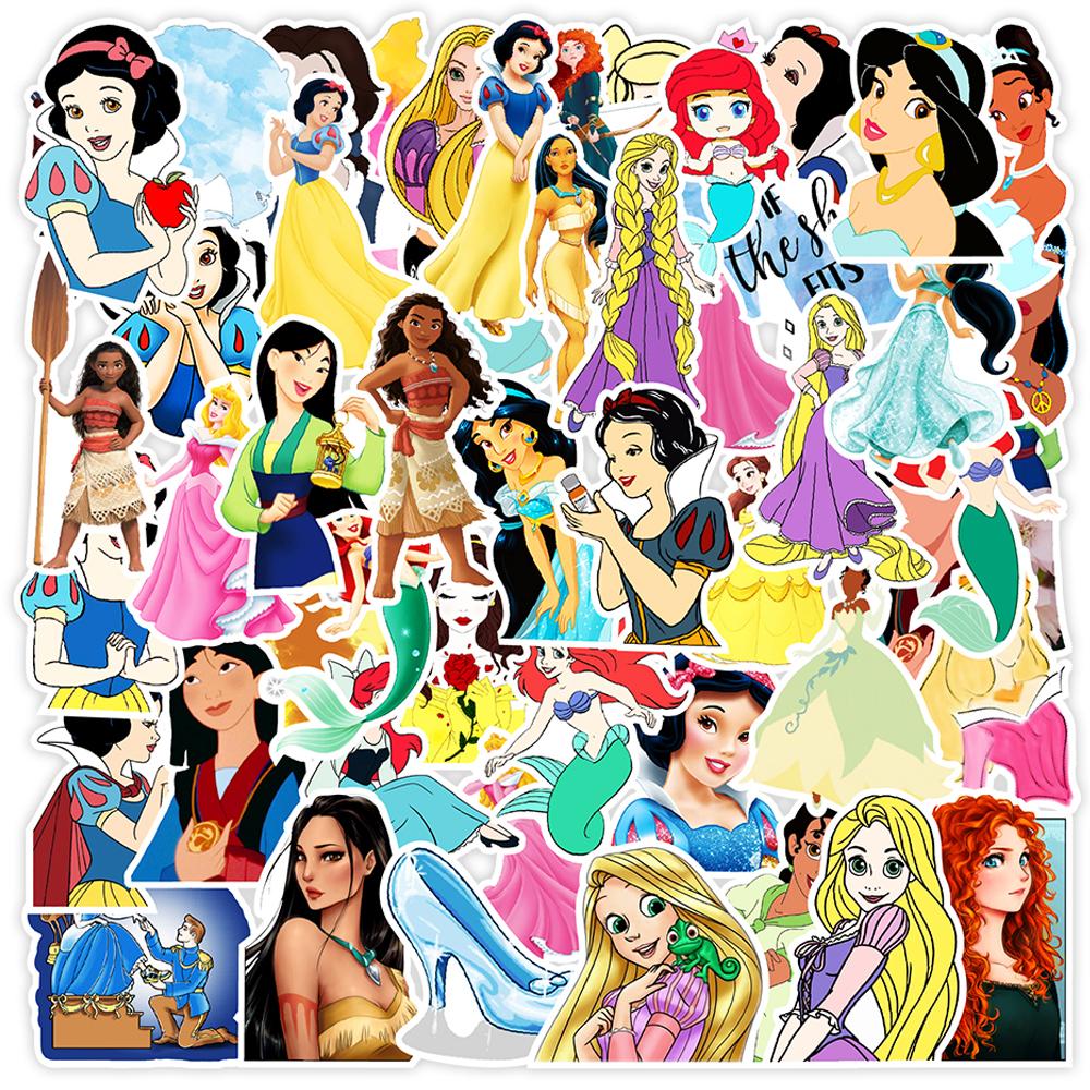 50 100Pcs Kawaii Mixed Disney Anime Princess Stickers Cute Ariel Belle Snow White Cartoon Decal Laptop Phone Luggage Sticker Toy