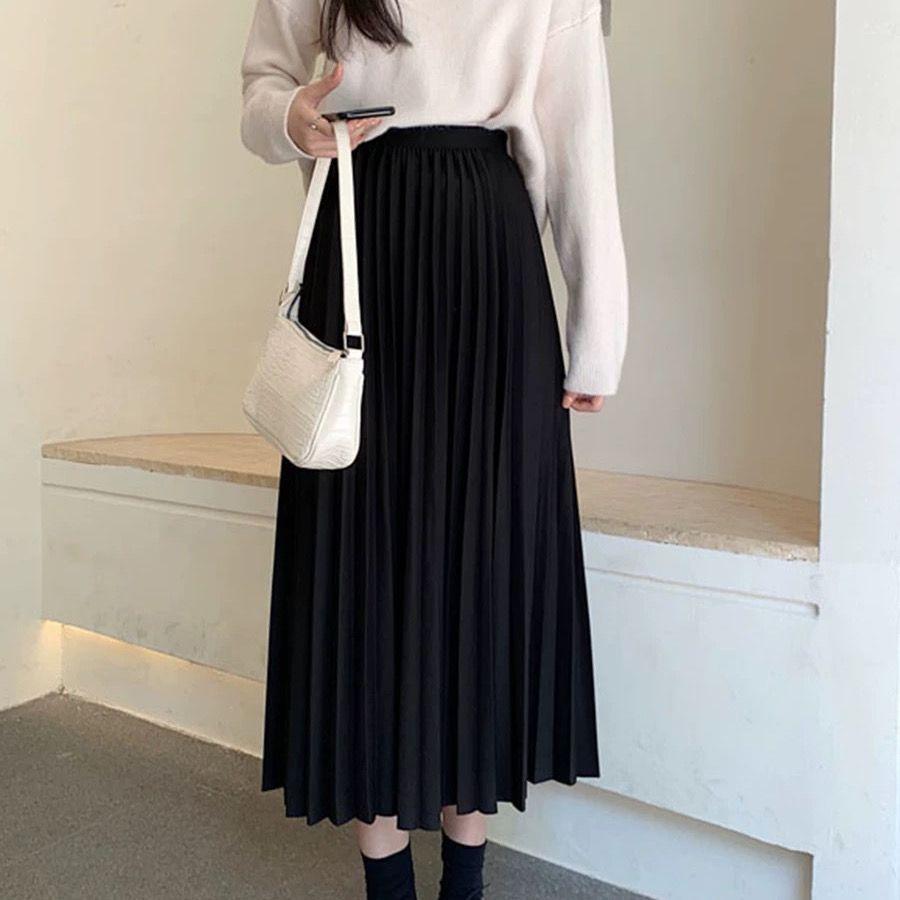 

Длинная женская юбка с высокой талией, А-силуэт, эластичная, плиссированная, длиной до икры, однотонная, простая, классическая, женская, тонкая, летняя юбка Y2k S чёрный