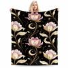 Floral Blanket with Pink Flowers, Moon, Star Pattern, Black Background Blanket, Suitable for Use In the Bedroom, Living Room, On the Sofa